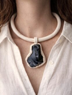 Vegan Ivory Collar Necklace with Black Obsidian Pendant - Adjustable Size