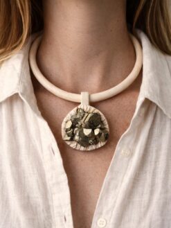 Vegan Ivory Collar Necklace with Pyrite Stone Pendant - Adjustable Size