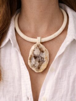 Vegan Ivory Collar Necklace with Quartz Geode Pendant - Adjustable Size