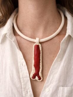 Vegan Ivory Collar Necklace with Red & Vegan Ivory Pendant - Adjustable Size