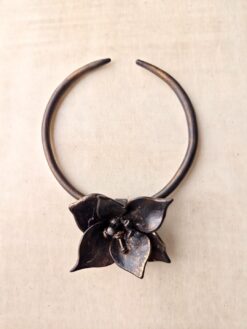 Alternative view of Black with Gold Sheen Collar Necklace with Flower Pendant - Adjustable Size