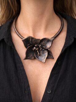 Black with Gold Sheen Collar Necklace with Flower Pendant - Adjustable Size
