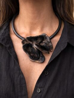 Black with Gold Sheen Collar Necklace with Flower Pendant - Adjustable Size