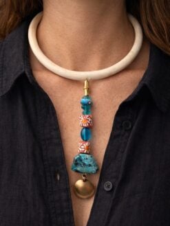 Vegan Ivory Collar Necklace with Blue & Pink Bead Pendant - Adjustable Size