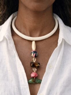 Vegan Ivory Collar Necklace with Pink & Green Bead Pendant - Adjustable Size