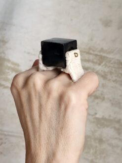 Black Wooden Bead Vegan Ivory Double-Finger Spin Ring - Size 8