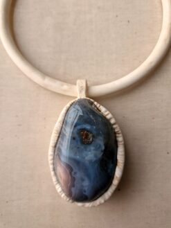 Alternative view of Vegan Ivory Collar Necklace with Blue Agate Pendant - Adjustable Size