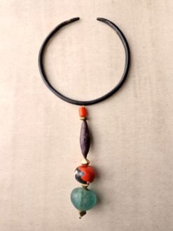 Alternative view of Black Collar Necklace with Multicolored Bead Pendant - Adjustable Size