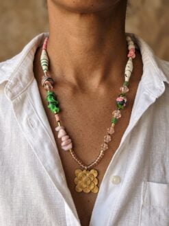 Pink & Green Nickle-Free Gold Plated Pendant Necklace