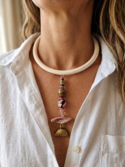 Vegan Ivory Collar Necklace with Multicolored Bead Pendant - Adjustable Size