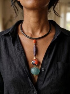 Black Collar Necklace with Multicolored Bead Pendant - Adjustable Size