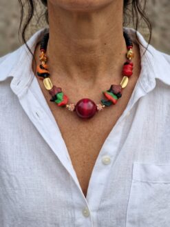 Green, Red & Orange with Nickle-Free Gold Plated Beads Necklace (Adjustable Length)