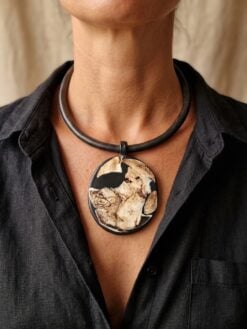 Black Collar Necklace with Black & Vegan Ivory Pendant - Adjustable Size