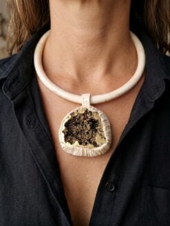 Vegan Ivory Collar Necklace with Gold Aura Quartz Geode Pendant - Adjustable Size