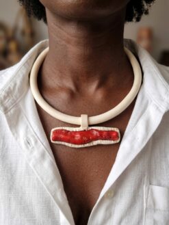 Vegan Ivory Collar Necklace with Red & Vegan Ivory Pendant - Adjustable Size