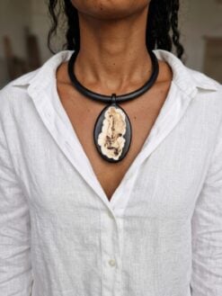 Black Collar Necklace with Black & Vegan Ivory Pendant - Adjustable Size