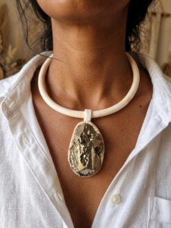 Vegan Ivory Collar Necklace with Pyrite Stone Pendant - Adjustable Size