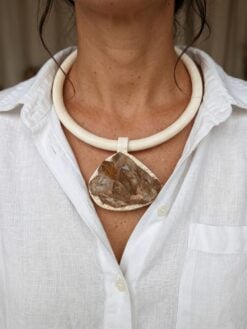 Vegan Ivory Collar Necklace with Orange River Crystal Pendant - Adjustable Size