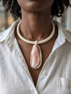 Vegan Ivory Collar Necklace with Apricot Agate Pendant - Adjustable Size