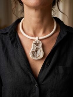 Vegan Ivory Collar Necklace with Quartz Geode Pendant - Adjustable Size