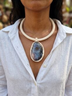 Vegan Ivory Collar Necklace with Blue Agate Pendant - Adjustable Size