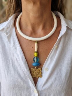 Vegan Ivory Collar Necklace with Multicolored Bead & Nickle-Free Gold Plated Pendant - Adjustable Size