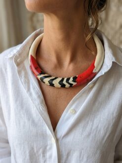 Vegan Ivory, Red & Black Collar Necklace - Size Medium (Adjustable)