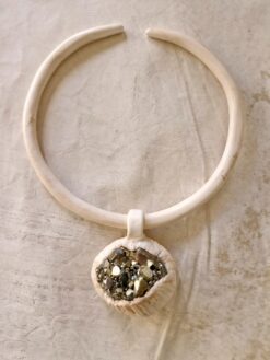 Alternative view of Vegan Ivory Collar Necklace with Pyrite Stone Pendant - Adjustable Size