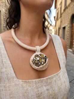 Vegan Ivory Collar Necklace with Pyrite Stone Pendant - Adjustable Size