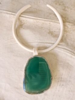 Alternative view of Vegan Ivory Collar Necklace with Green Sliced Agate Pendant - Adjustable Size