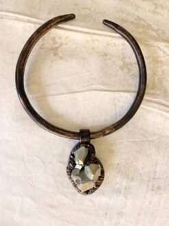 Alternative view of Black with Gold Sheen Collar Necklace with Pyrite Stone Pendant - Adjustable Size