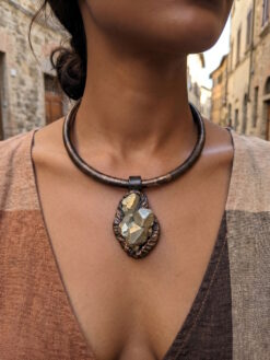 Black with Gold Sheen Collar Necklace with Pyrite Stone Pendant - Adjustable Size