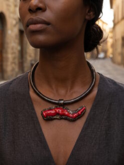 Black & Red with Gold Sheen Collar Necklace - Adjustable Size