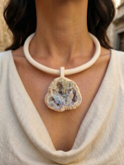 Vegan Ivory Collar Necklace with Quartz Geode Pendant - Adjustable Size