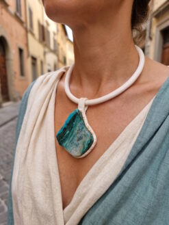 Vegan Ivory Collar Necklace with Chrysocolla Pendant - Adjustable Size