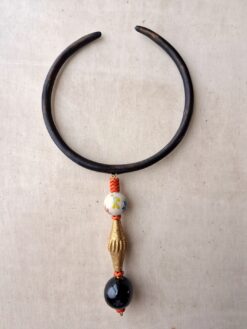 Alternative view of Black Collar Necklace with Black & Multi-colored Bead Pendant - Adjustable Size