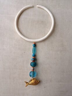 Alternative view of Vegan Ivory Collar Necklace with Blue Bead Pendant - Adjustable Size