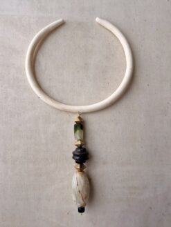 Alternative view of Vegan Ivory Collar Necklace with Black, Green & White Bead Pendant - Adjustable Size