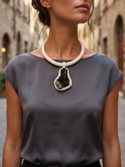 Black Obsidian & Vegan Ivory Necklace (Adjustable Length)