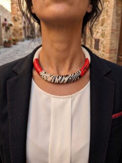 Vegan Ivory, Black & Red Collar Necklace - Size Large