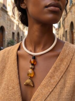 Vegan Ivory Collar Necklace with Orange, Yellow and Nickle-Free Gold Plated Pendant - Adjustable Size
