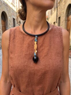 Black Collar Necklace with Blue & Black Bead Pendant - Adjustable Size