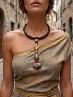 Black Collar Necklace with Multi-color Bead Pendant - Adjustable Size