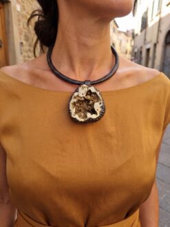 Gold Aura Quartz Geode & Black Necklace (Adjustable Length)