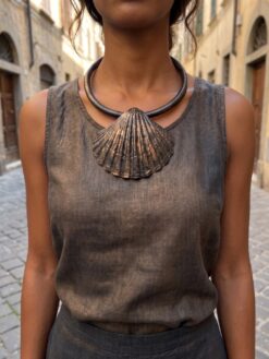 Black with Gold Sheen Collar Necklace with Faux Shell - Adjustable Size