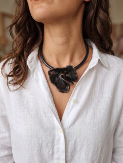 Black with Gold Sheen Collar Necklace with Flower Pendant - Adjustable Size