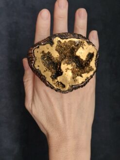 Gold Aura Quartz Geode & Black Ring - Size 8