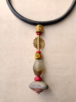 Alternative view of Black Collar Necklace with Multi-color Bead Pendant - Adjustable Size
