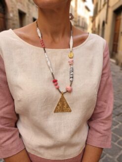 White, Black & Pink Bead Necklace with Nickle-Free Gold Plated Pendant