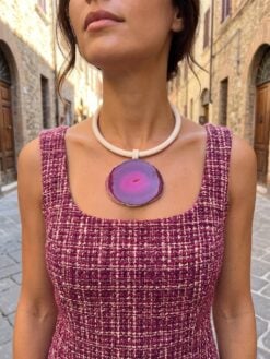 Vegan Ivory Collar Necklace with Pink Sliced Agate Pendant - Adjustable Size